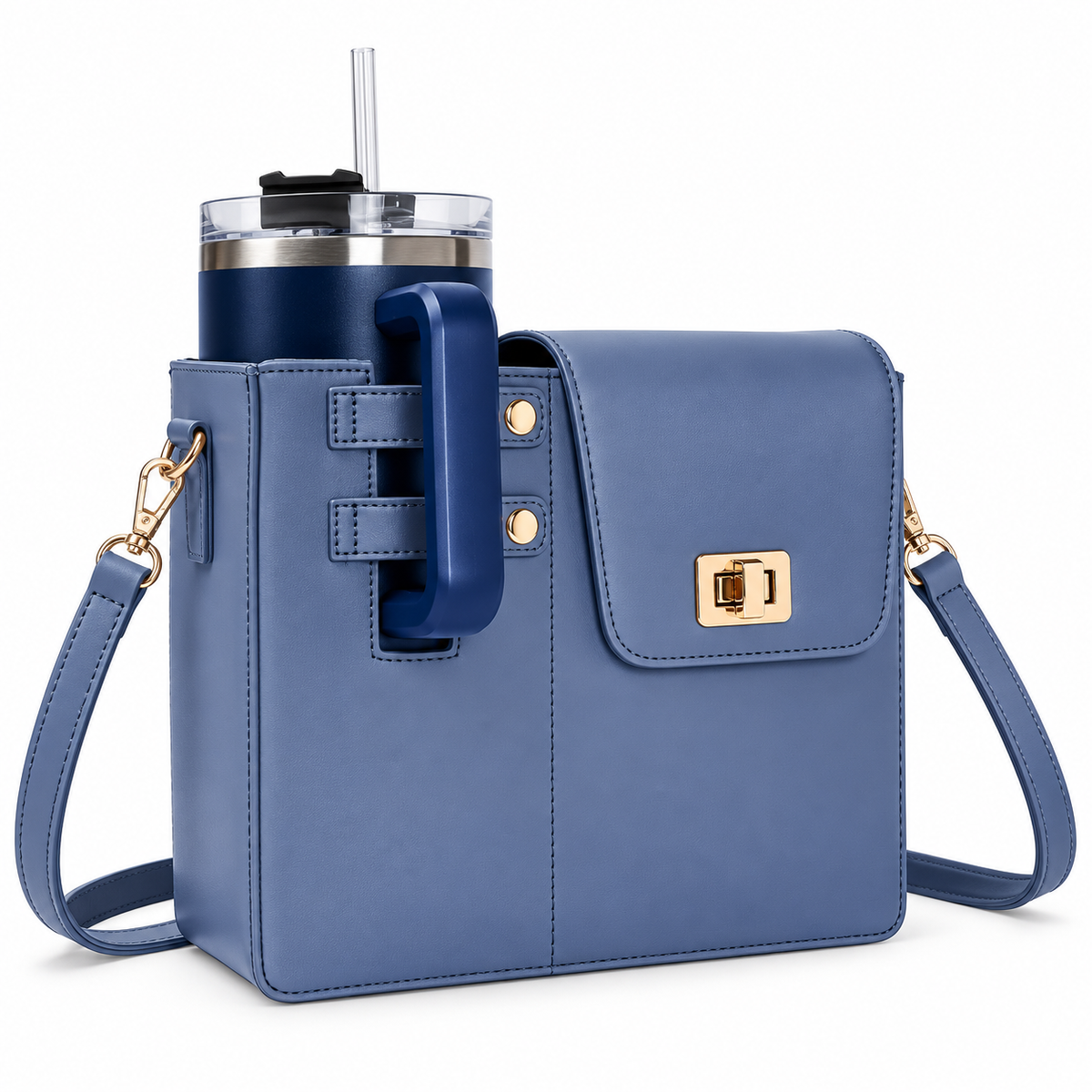 Leather Crossbody Bag With Stanley Cup Holder | Blue