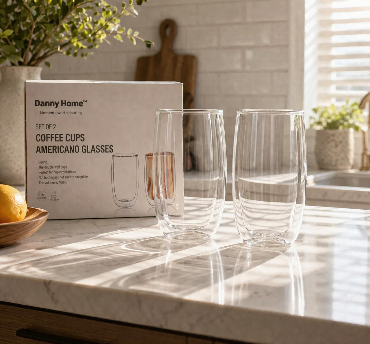 Danny Home Double Walled Americano Glasses 400ml - 2Pcs Set