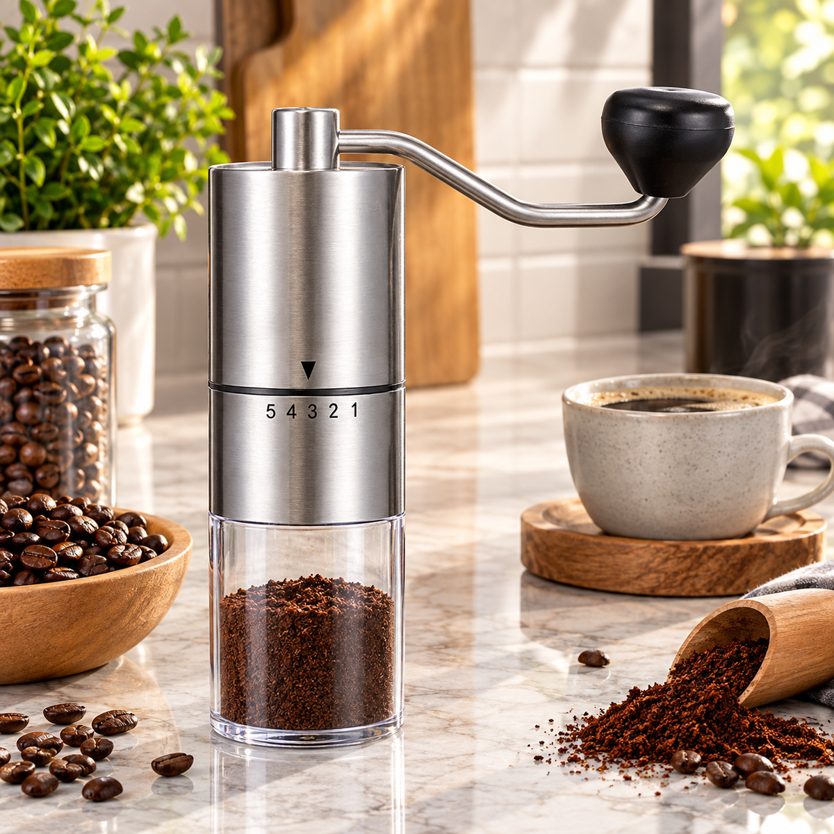 Manual Coffee Grinder – Adjustable Hand Coffee Bean Grinder with Glass Container