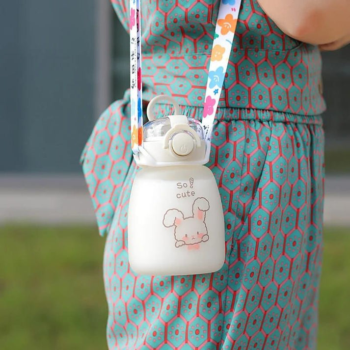 Cartoon Cute Bear Glass Water Bottle with Straw with Strap