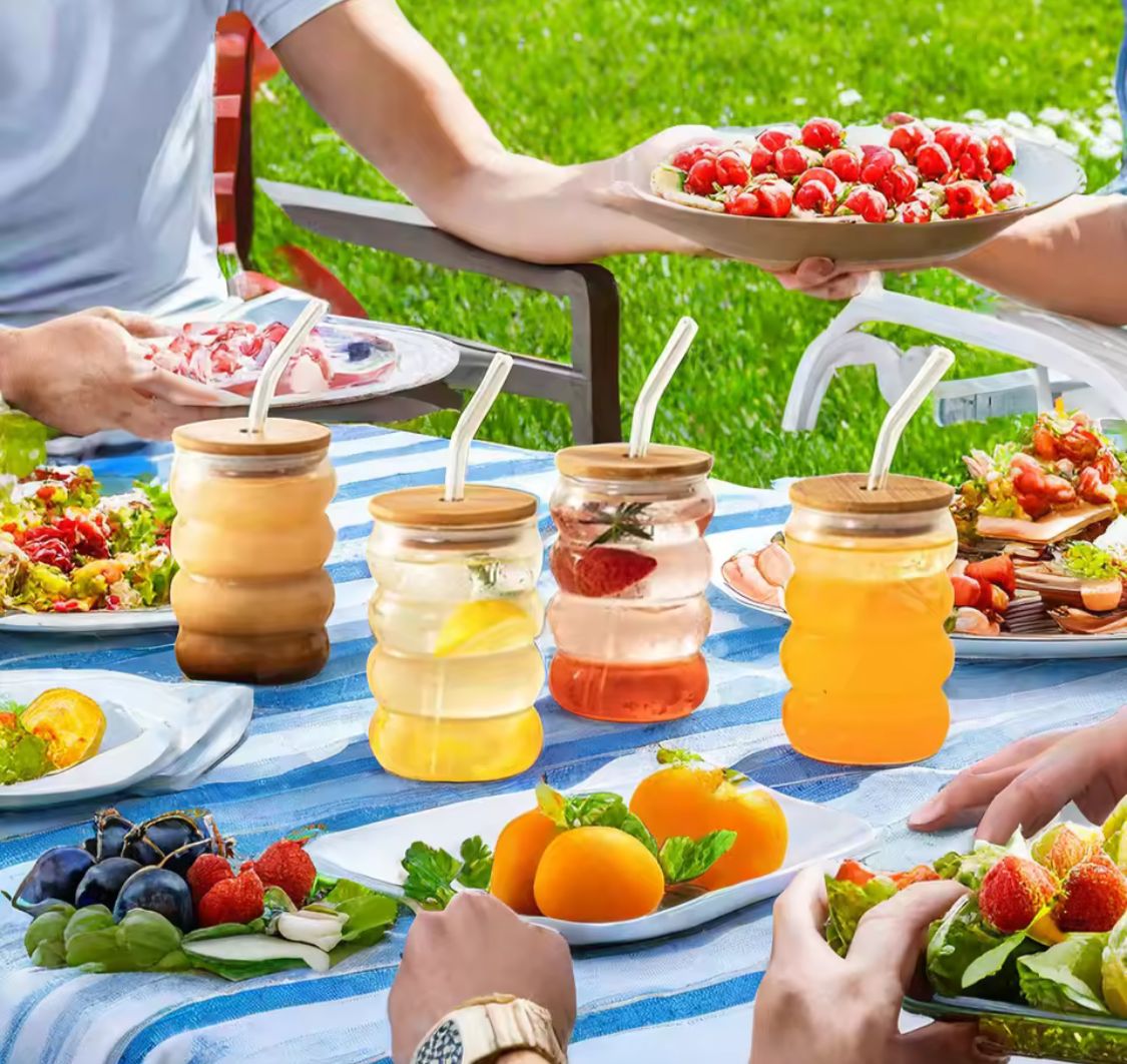 GLASS CUP WITH WOODEN LID & STRAW