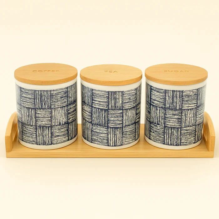 Premium 3-Piece Ceramic Jar Set with Bamboo Tray & Lids