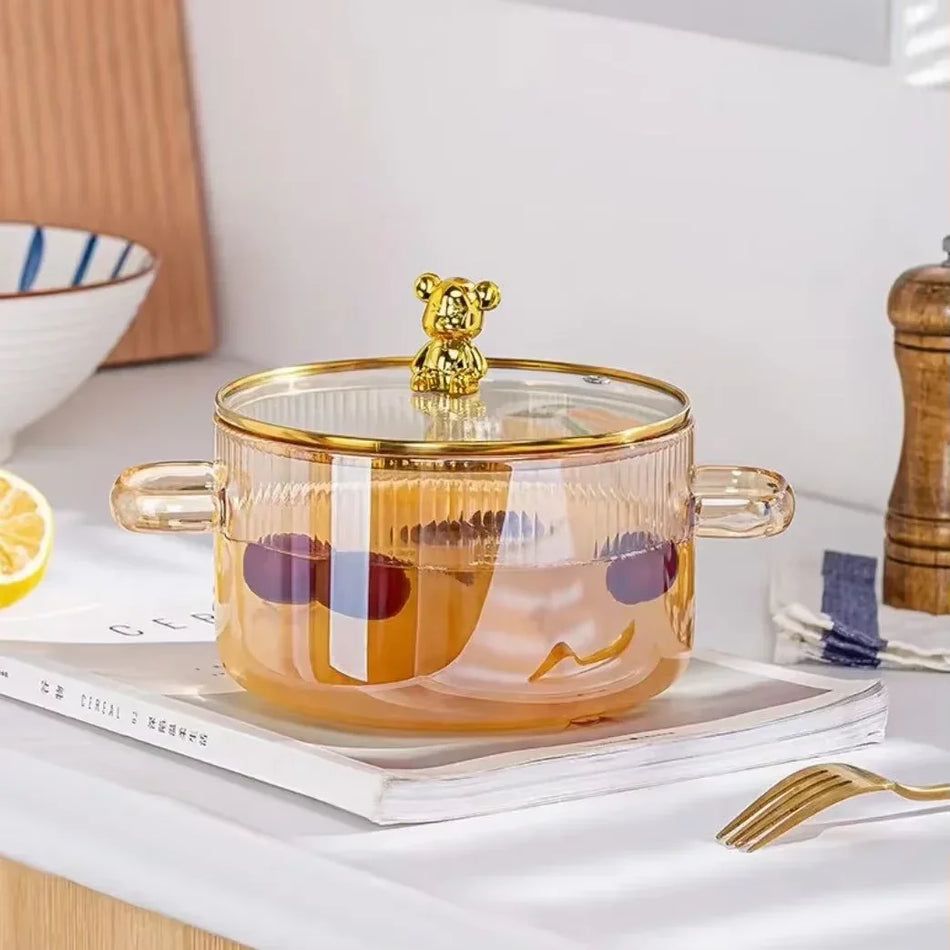 Premium Silver Bear Ribbed Glass Cooking Pot - 2000ml