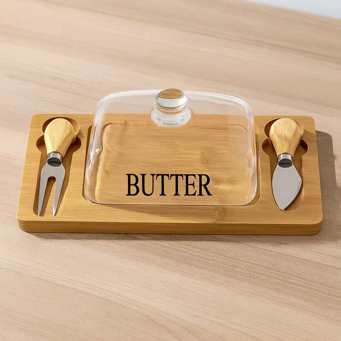 Luxury Glass Butter Dish with Dual Knife Bamboo Base