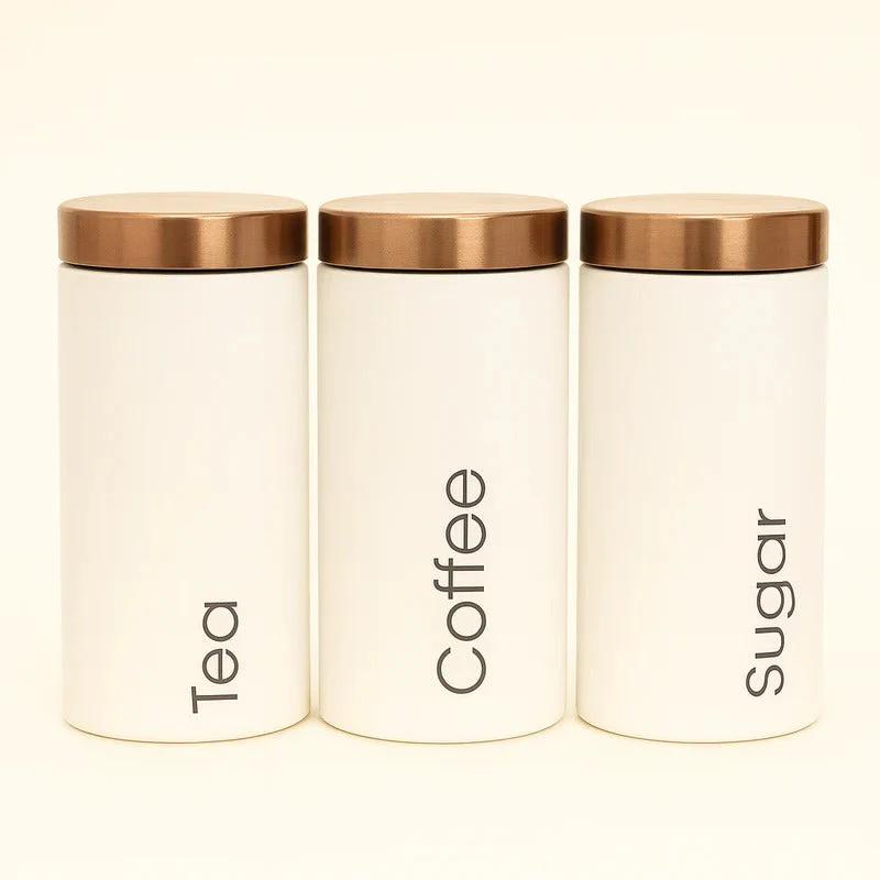 Matte White & Copper Canister Set 3Pc Tea Coffee Sugar