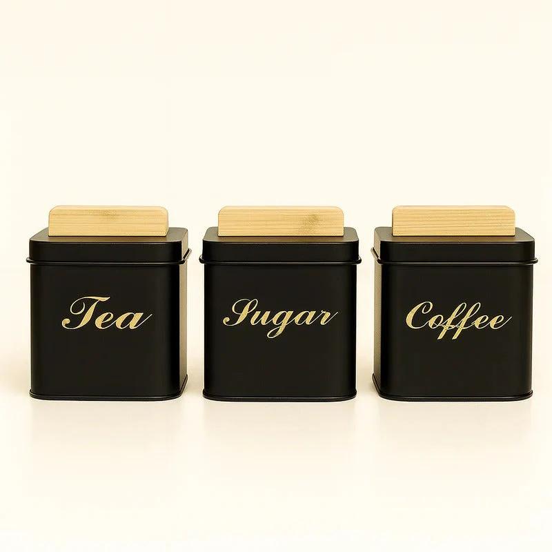 3Pc Square Metal Canister Set Bamboo Lid Storage Jars