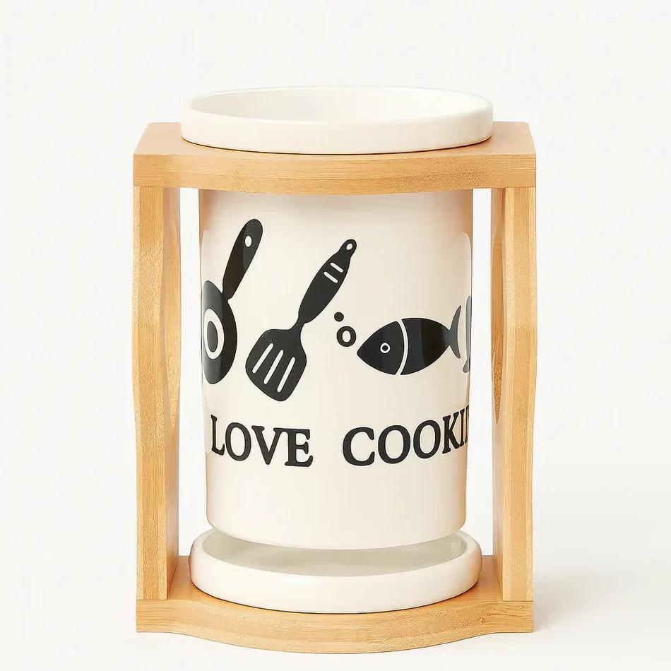 Ceramic Spoon & Fork Holder with Wooden Frame