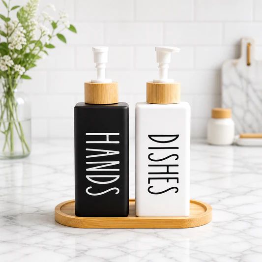 2PC Soap Dispenser Set with Bamboo Tray