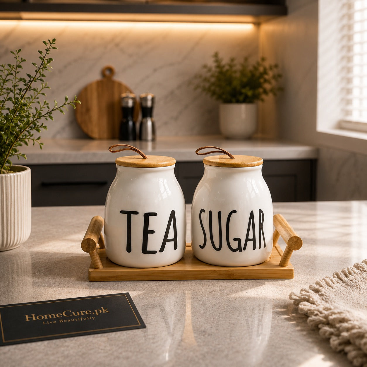 Tea & Sugar Ceramic Storage Jar Set with Bamboo Tray
