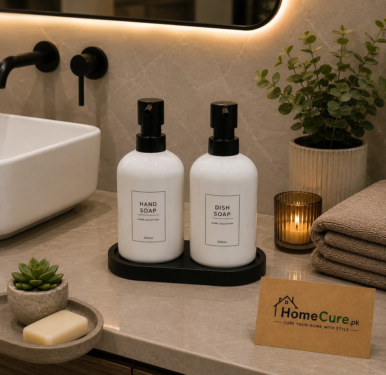 2-Piece Ceramic Soap Dispenser Set with Tray – White