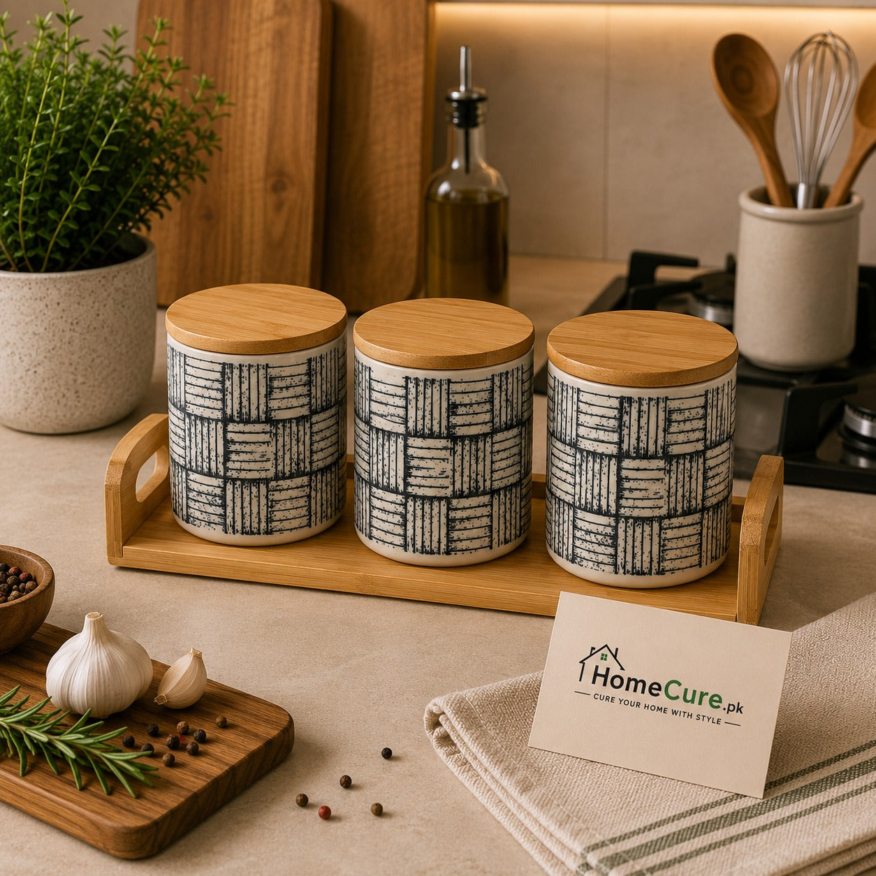 Premium 3-Piece Ceramic Storage Canister Set with Bamboo Tray & Wooden Lids