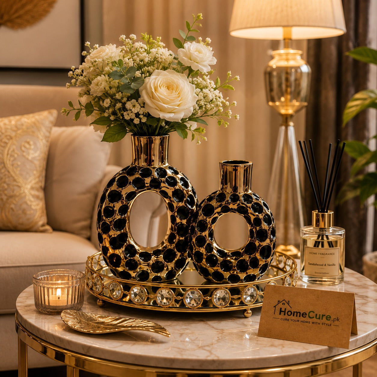 2-Piece Luxury Ceramic Flower Vase Set | Black & Gold Decorative Vases | Modern Home Décor