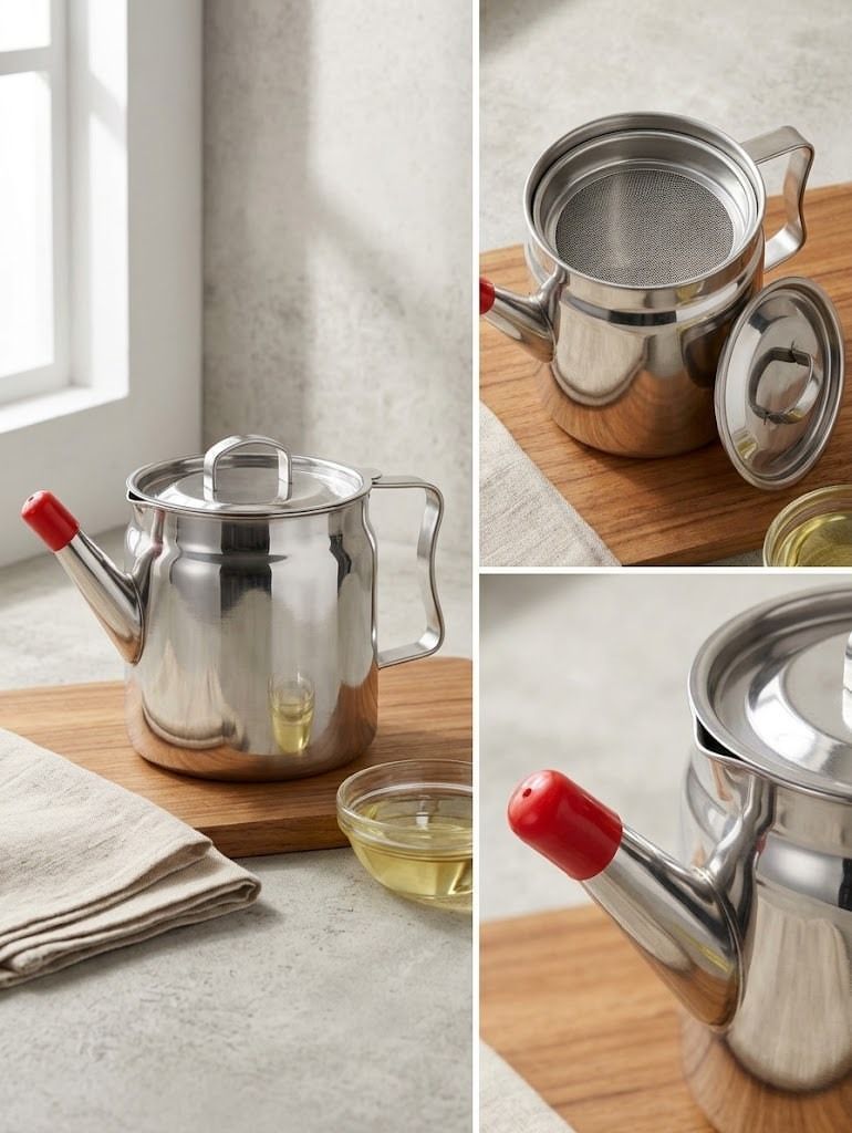 Stainless Steel Oil Filter Pot with Fine Mesh Strainer & Lid | Kitchen Oil Storage Container