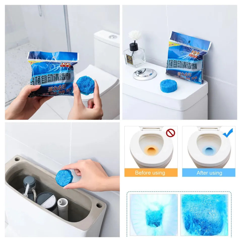 Set of 10 Blue Bubble Toilet Cleaner Tablets – Automatic Flush, Deodorizing Bathroom Cleaning Balls