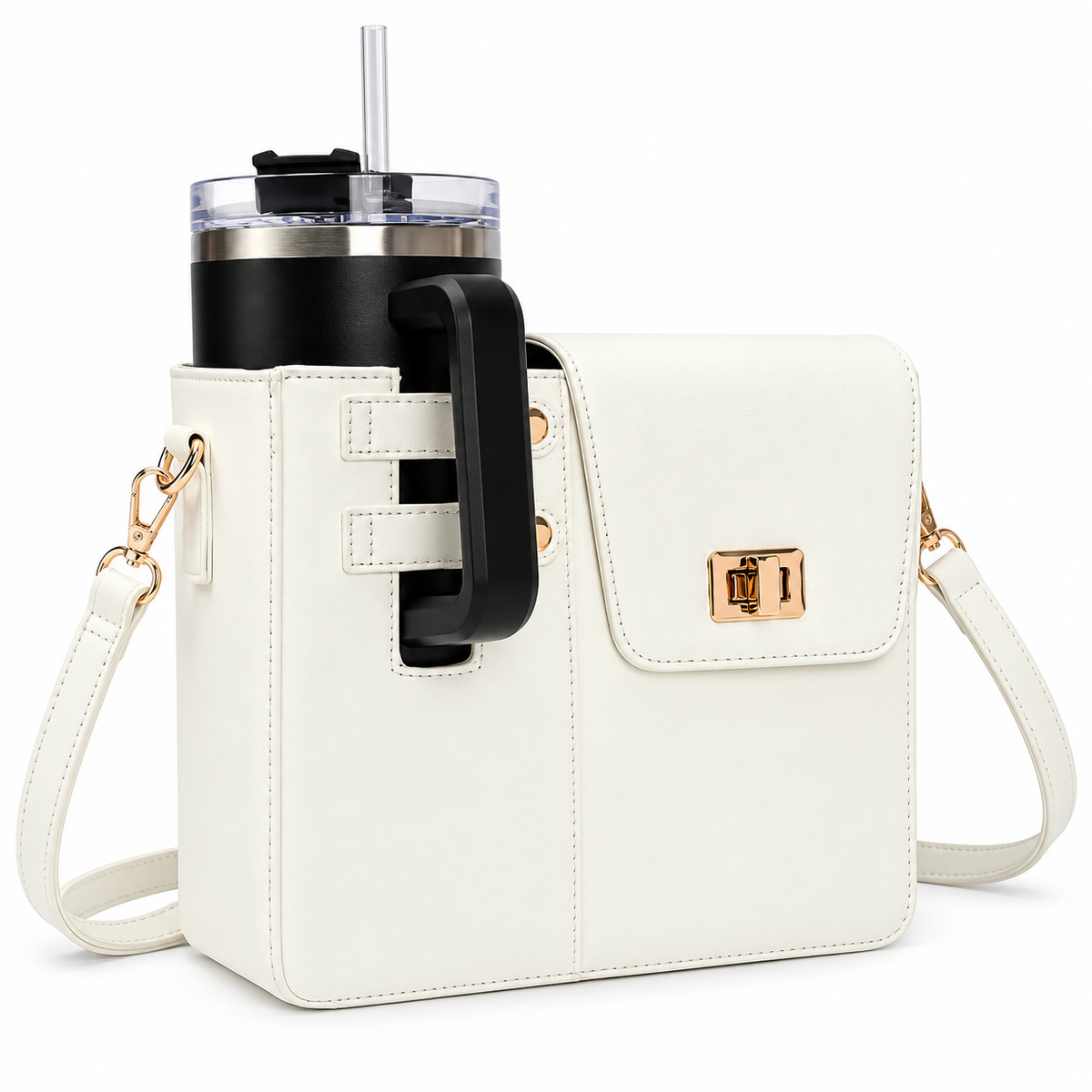 Leather Crossbody Bag With Stanley Cup Holder | White
