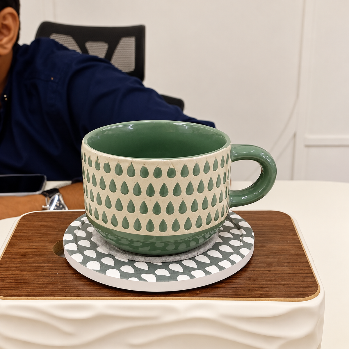 Danny Home Ceramic 12-Piece Green Teardrop Pattern Cup & Saucer Set