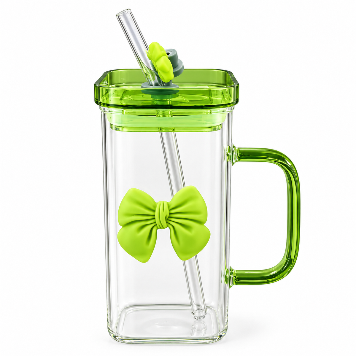 Lime Green Cute Bow Glass Tumbler with Straw – 380ml