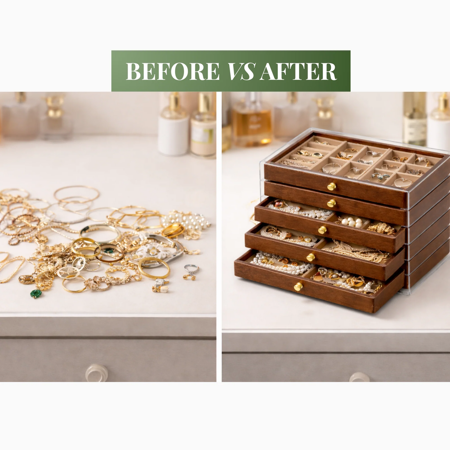Wood & Acrylic 3-Drawer Jewelry Box – Modern Organizer with Clear Storage