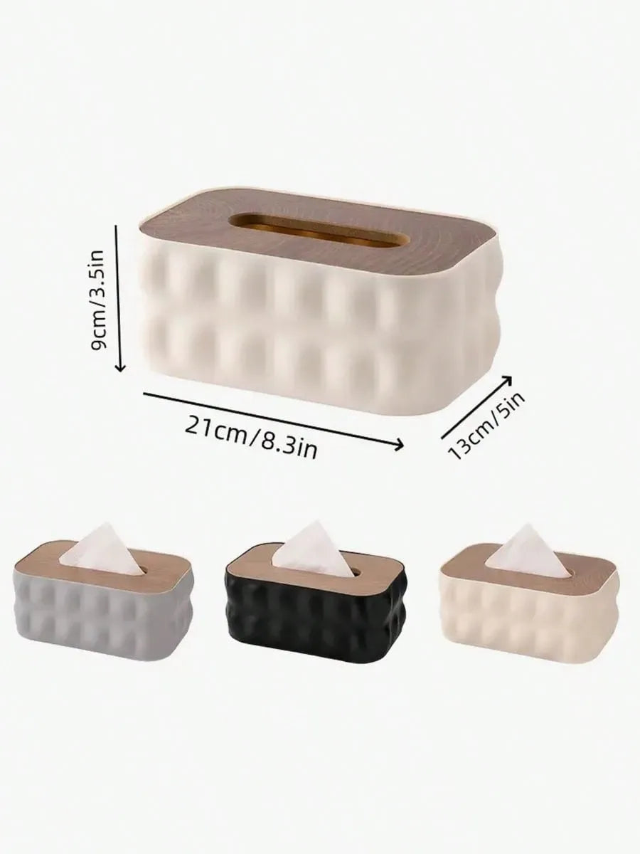 Modern Minimalist Tissue Box Cover – Textured White & Wood Lid