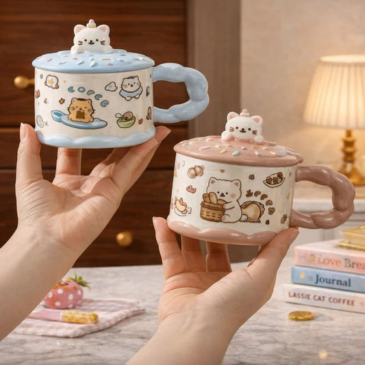 Cartoon Bear Ceramic Mug - Cute Heat-Retaining Lid Cup