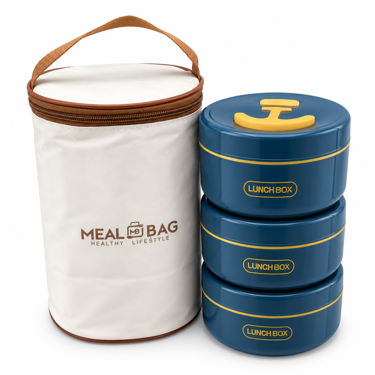 3-Piece Round Lunch Box Set with Insulated Meal Bag | Navy Blue & Yellow