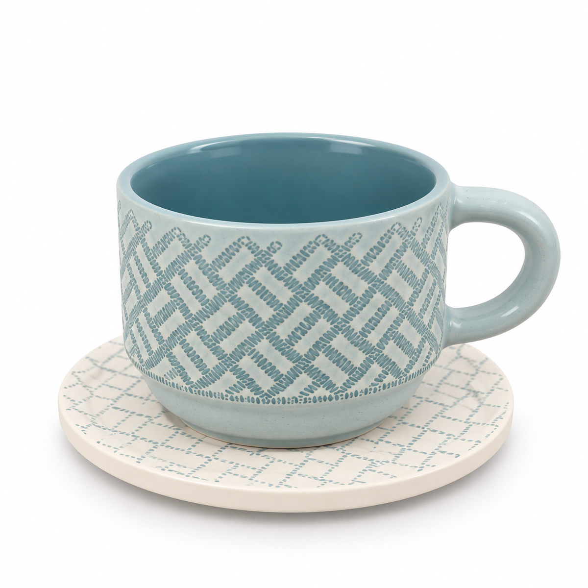 Danny Home Ceramic 12-Piece Blue Woven Pattern Cup & Saucer Set