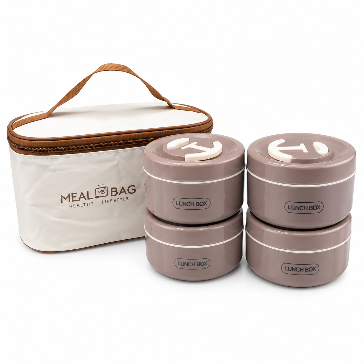 4-Piece Round Lunch Box Set with Insulated Meal Bag | Brown
