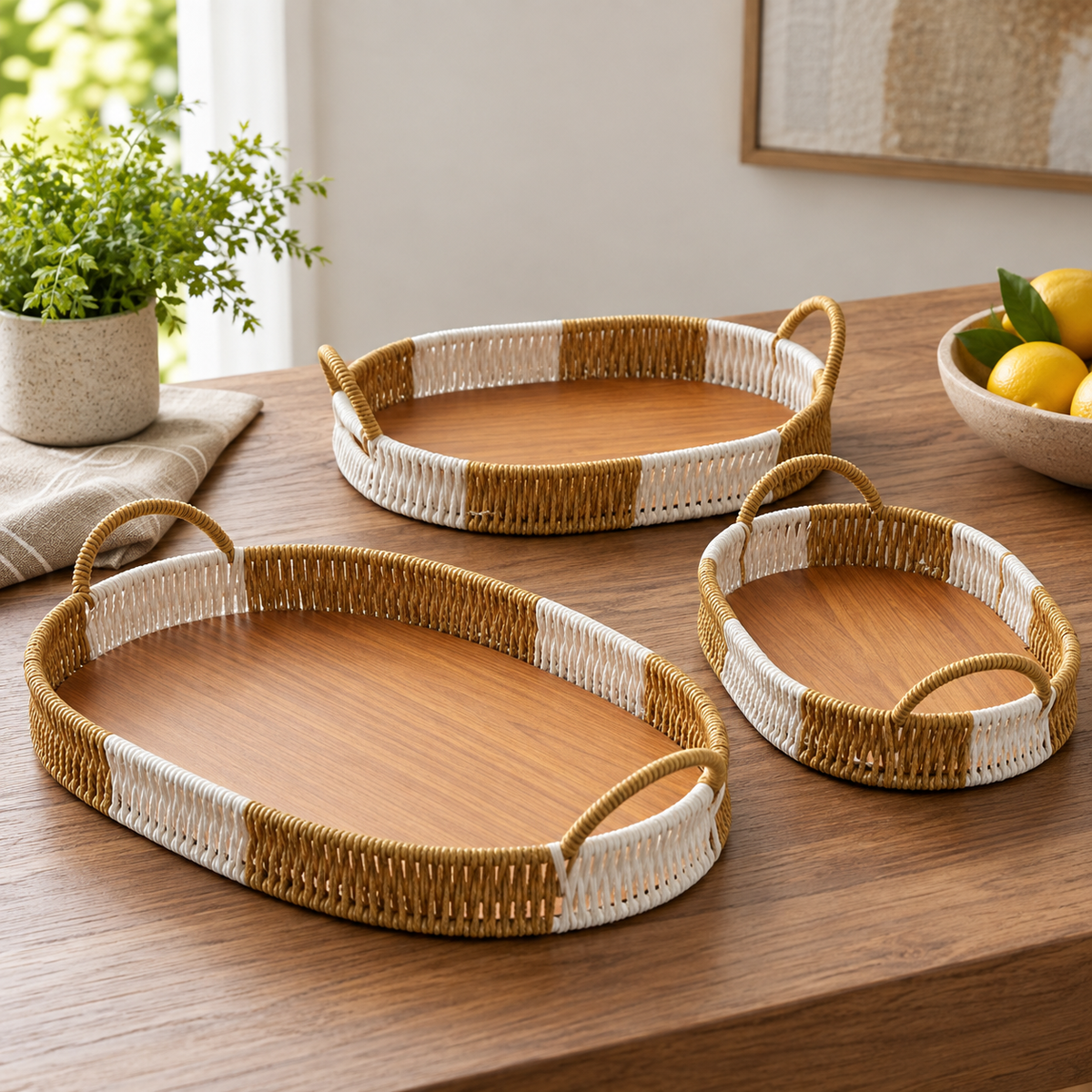 Elegant Woven Tray Set – 3 Pcs