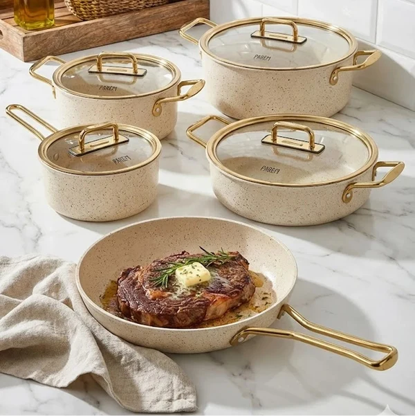 Falez Premium 9-Piece Granite Non-Stick Cookware Set – Cream