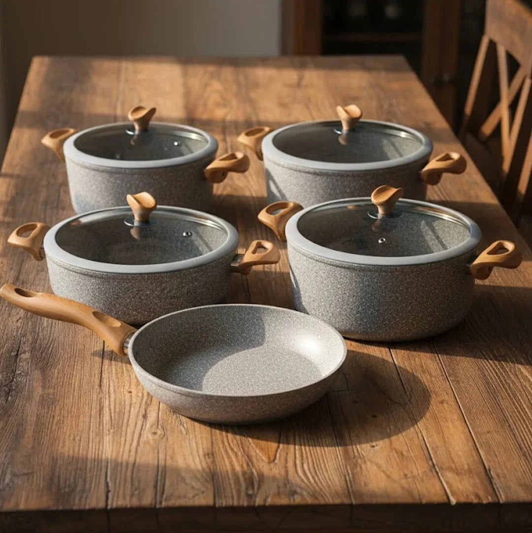 Falez 9-Piece Premium Granite Ceramic Coated Non-Stick Cookware Set - Ultima Grey