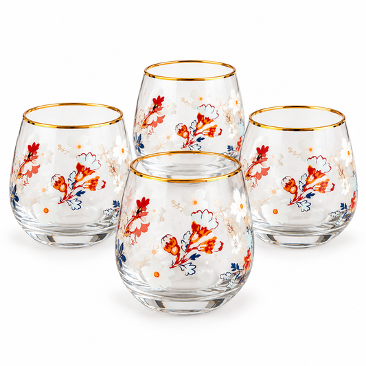345ml Gold Rim Floral Tumbler Glass – Set of 4