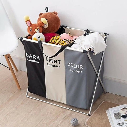 Large Foldable Laundry Basket with 3 Compartments with Handle