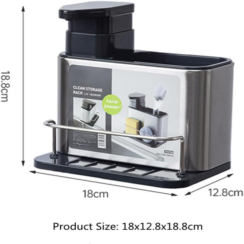 3-in-1 Soap Dispenser for Kitchen Sink, Stainless Steel Kitchen Sink Organizer Tray Drainer Rack with Sponge Holder and Brush Holder