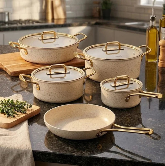 Falez Premium 9-Piece Granite Non-Stick Cookware Set – Cream