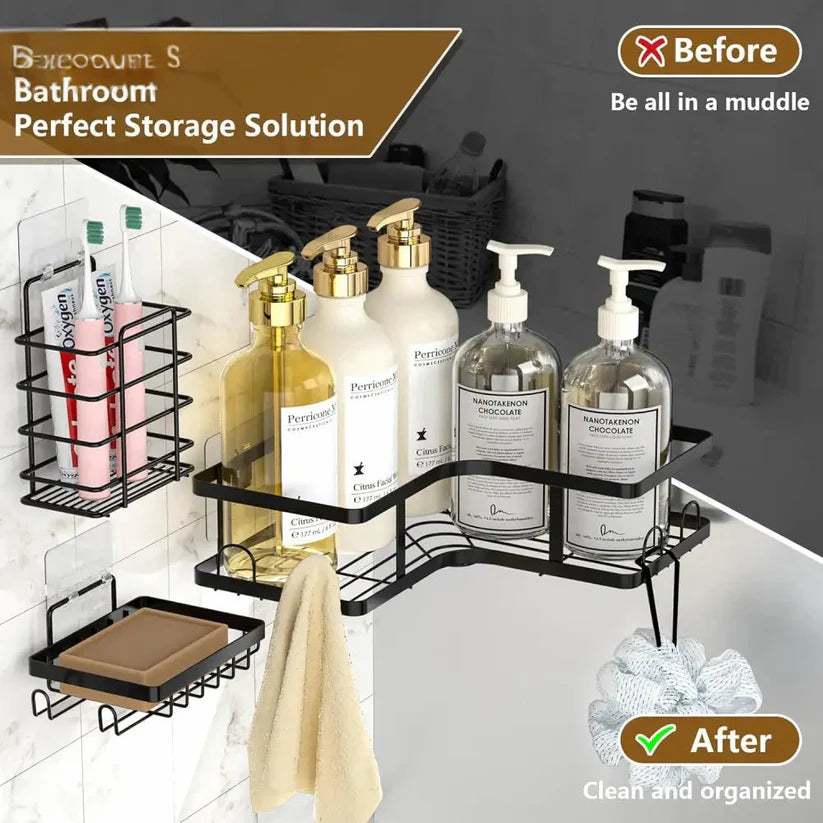 Rustproof 5-Piece Black Bathroom Shelf Set – Wall Mounted