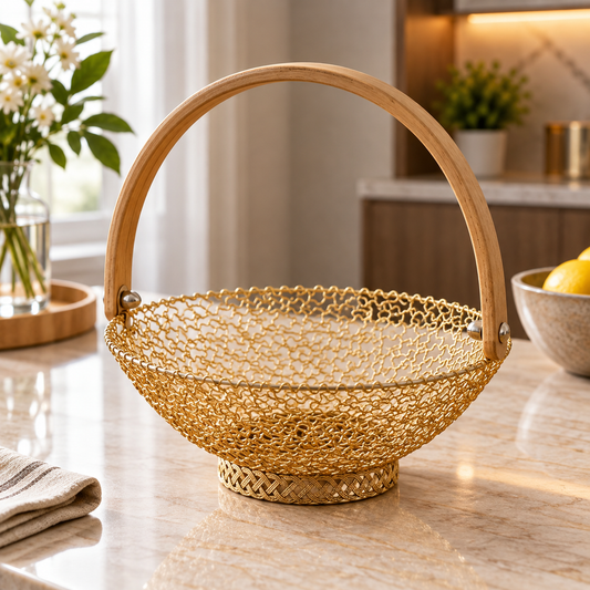 Golden Metal Basket with Wooden Handle