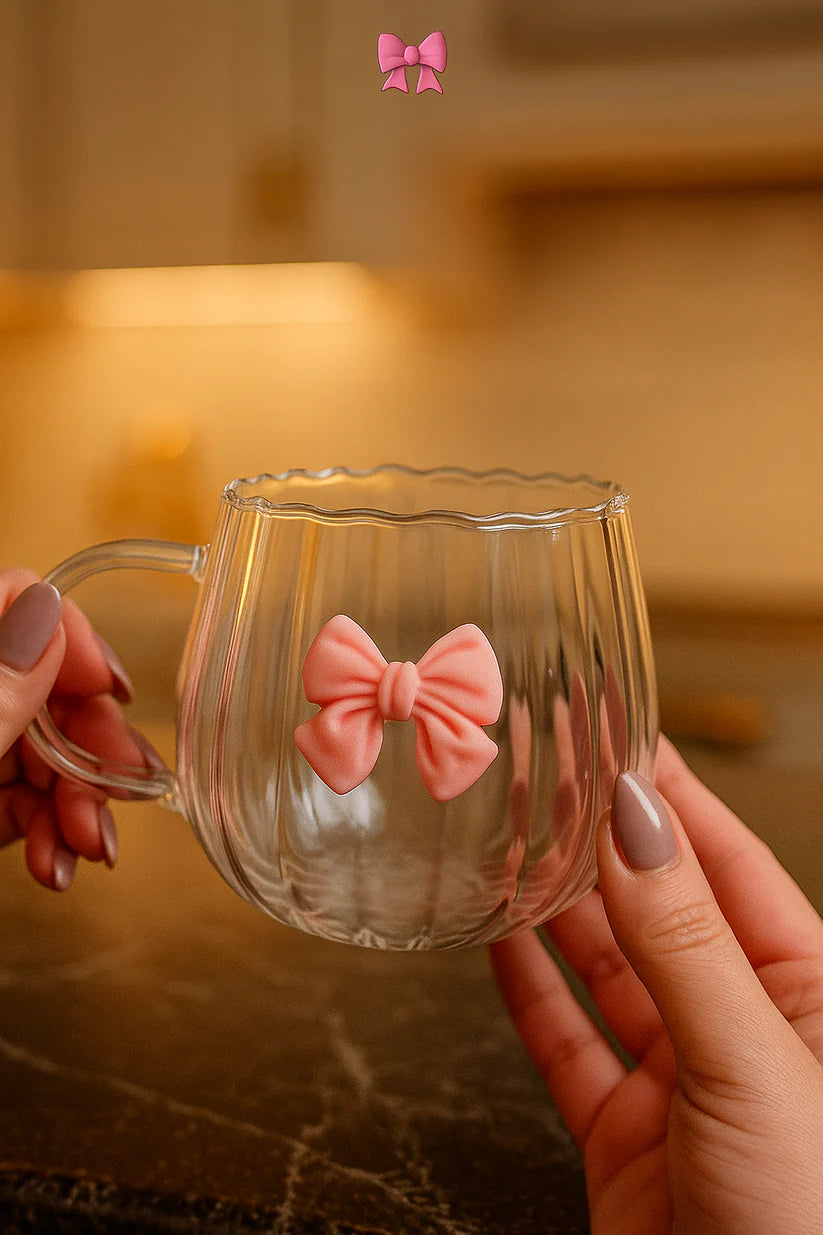 Modern Bow Design Glass Cup – Aesthetic Tea & Coffee Mug