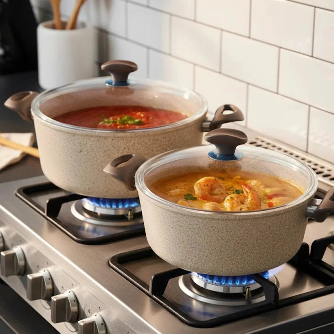 Falez 9-Piece Premium Granite Non-Stick Cookware Set - Creamy