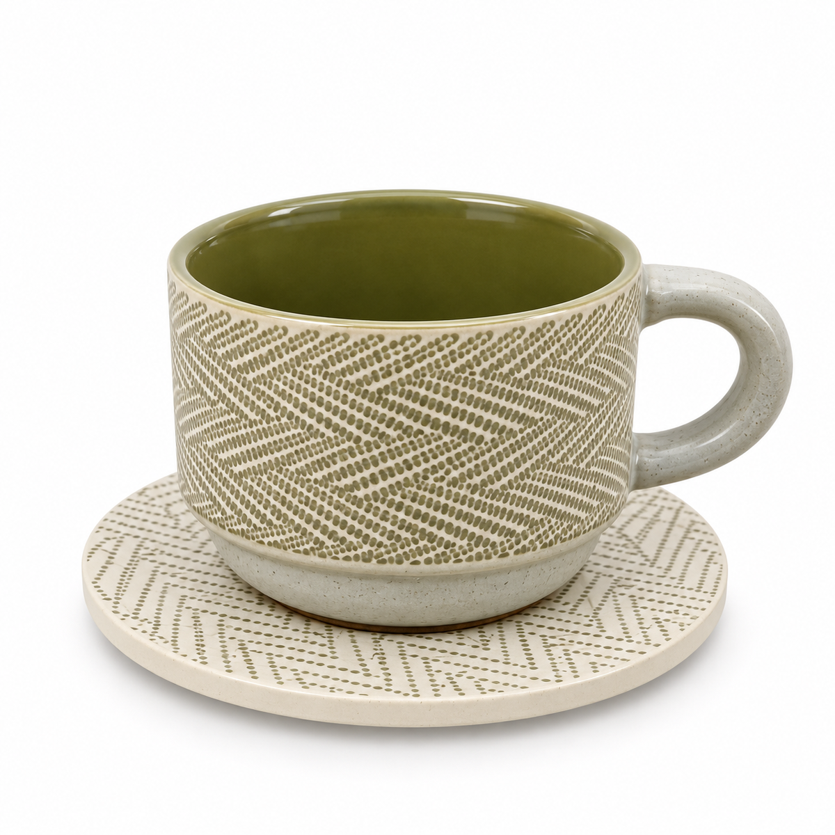 Danny Home Ceramic 12-Piece Olive Green Herringbone Pattern Cup & Saucer Set