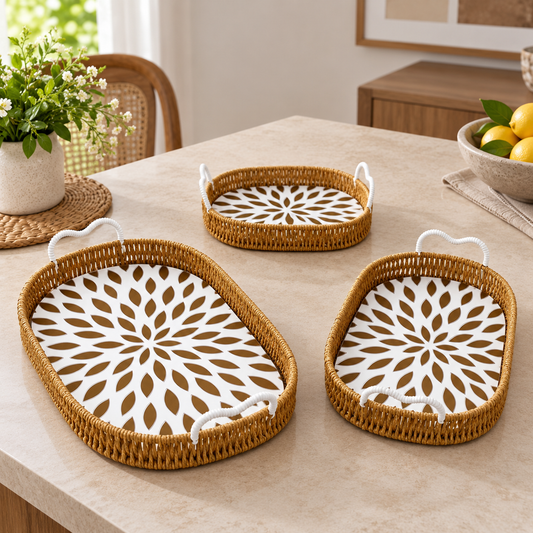 Royal Woven Leaf Pattern Tray Set – 3 Pcs