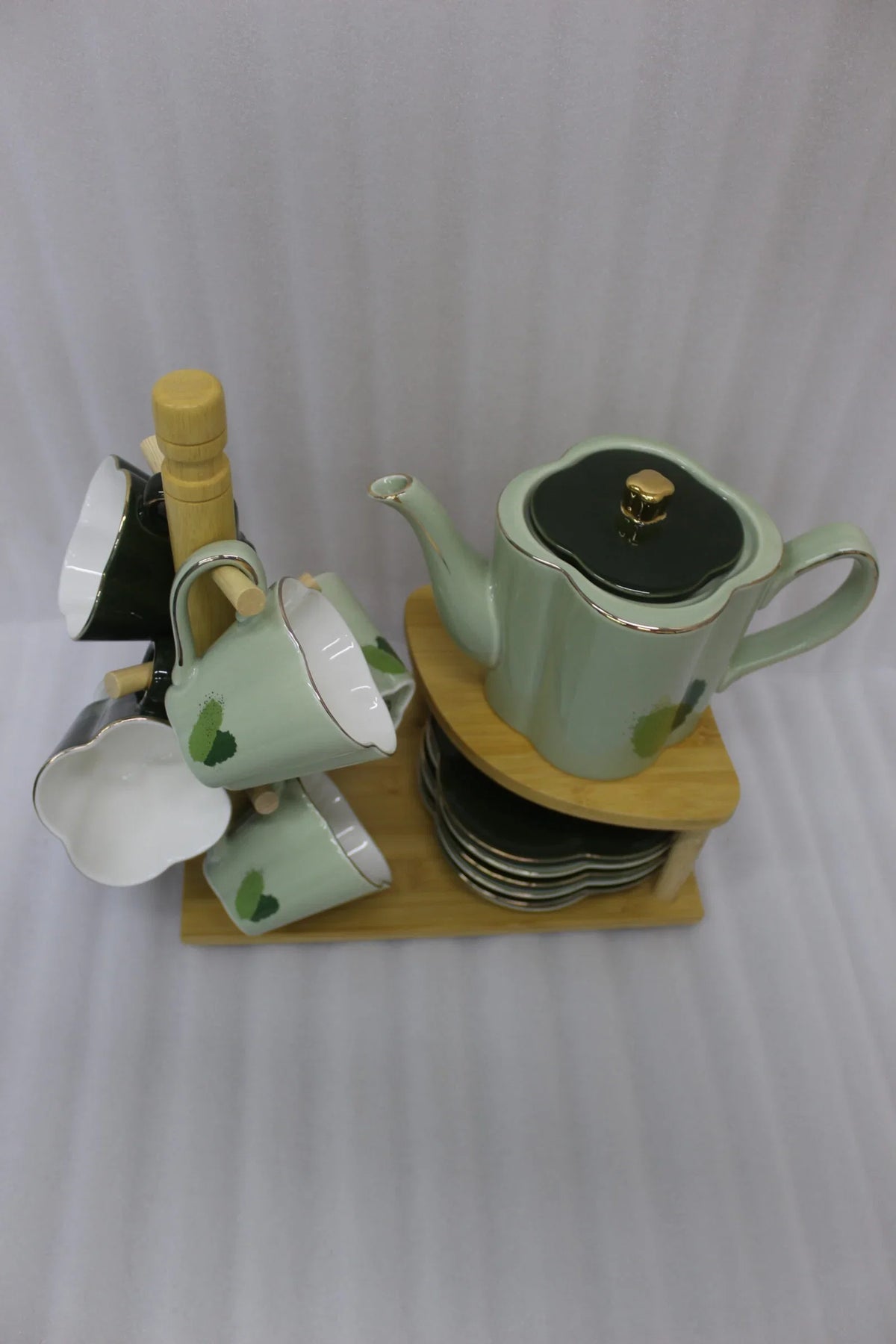 Elegant Ceramic Tea Set with Wooden Stand