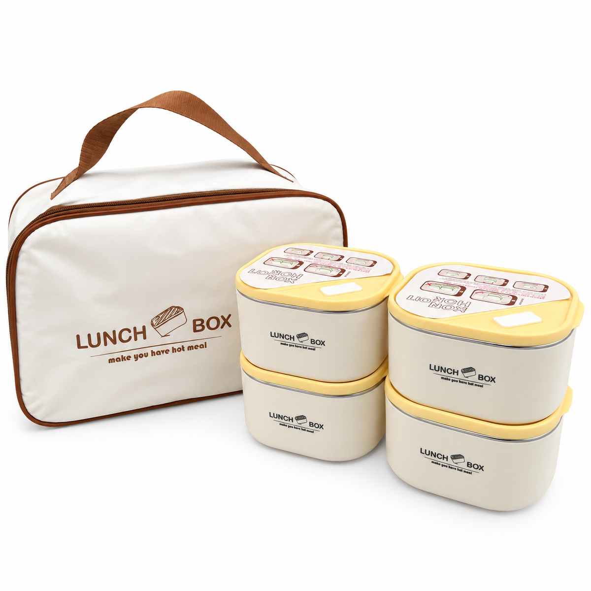 4-Piece Rectangular Lunch Box Set with Insulated Meal Bag | Cream & Yellow