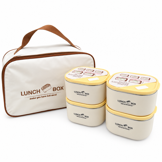 4-Piece Rectangular Lunch Box Set with Insulated Meal Bag | Cream & Yellow