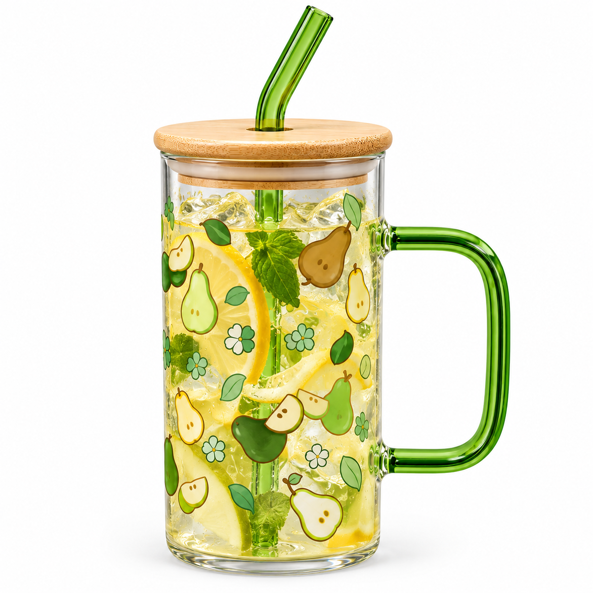 Transparent Glass Mug with Lid – Green