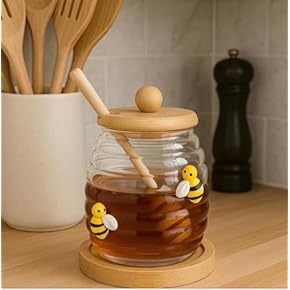 High End Imported Glass Honey Jar with Wooden Dipper, Airtight Bamboo Lid & Wooden Organizer Stand – Honey Pot Container Holder Syrup Dispenser for Home Kitchen