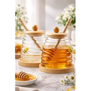 High End Imported Glass Honey Jar with Wooden Dipper, Airtight Bamboo Lid & Wooden Organizer Stand – Honey Pot Container Holder Syrup Dispenser for Home Kitchen