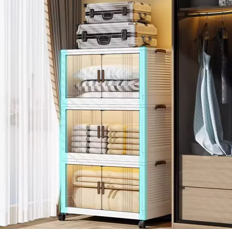 Multi-layer foldable storage cabinet with doors—portable, no-install wardrobe organizer for easy clothes storage and space saving.