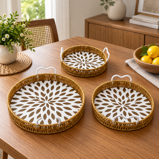 Elegant Woven Leaf Pattern Tray Set – 3 Pcs