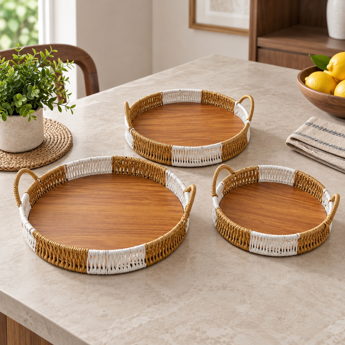 Elegant Round Woven Tray Set – 3 Pcs