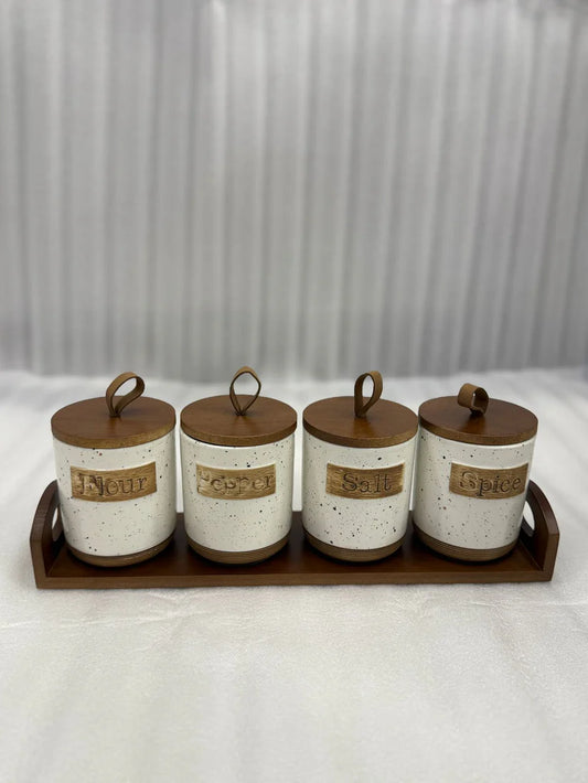 Rustic 4 Pcs Ceramic Jar Set with Wooden Tray